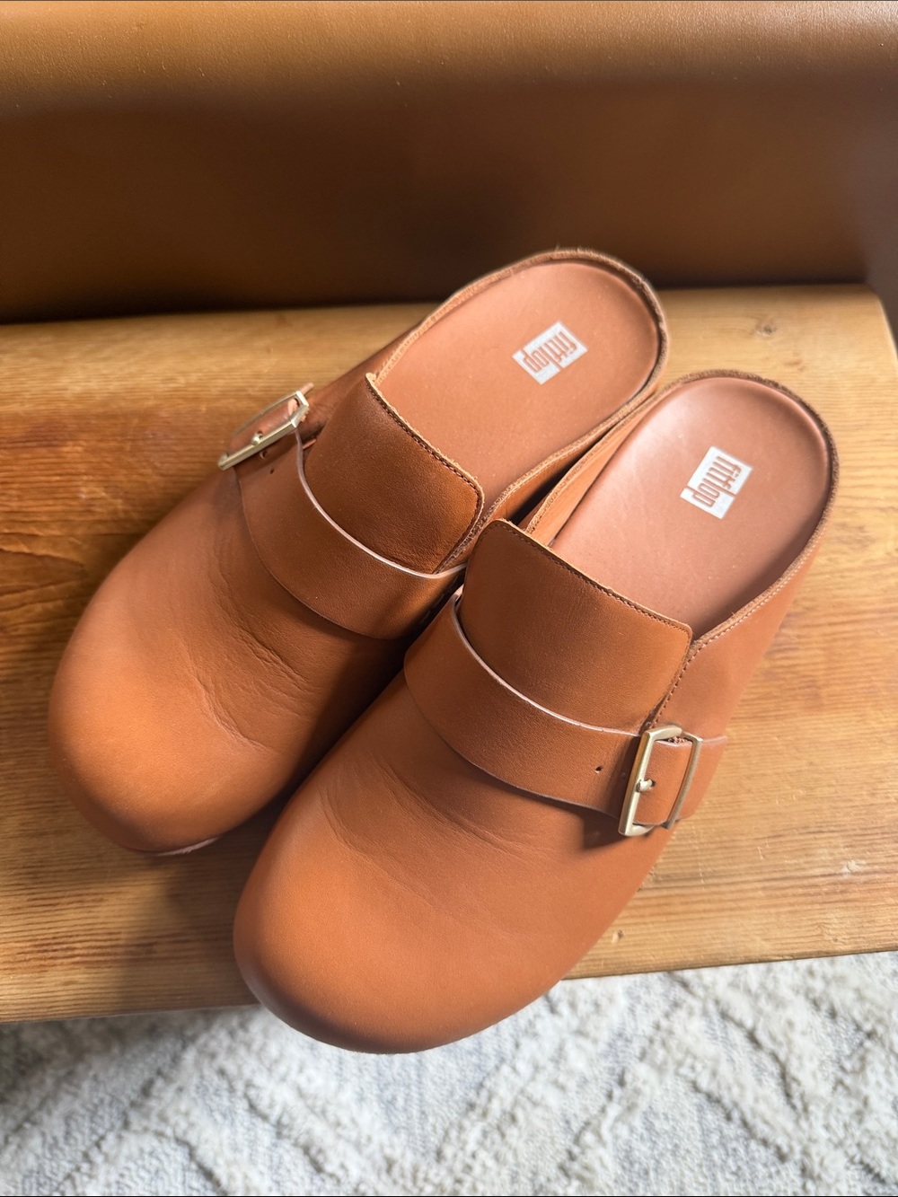 Leather Slip-On Clogs with Buckle in Cognac Brown